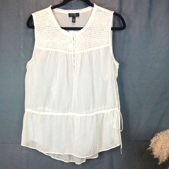 Jessica Simpson Ivory and gold sheer drawstring waist sleeveless top size large - Picture 1 of 11